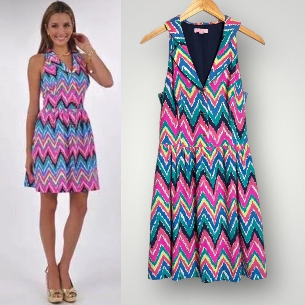 Lilly Pulitzer | Sherlynn Hearts A Flutter Dress Zig Zag Halter Pockets EUC